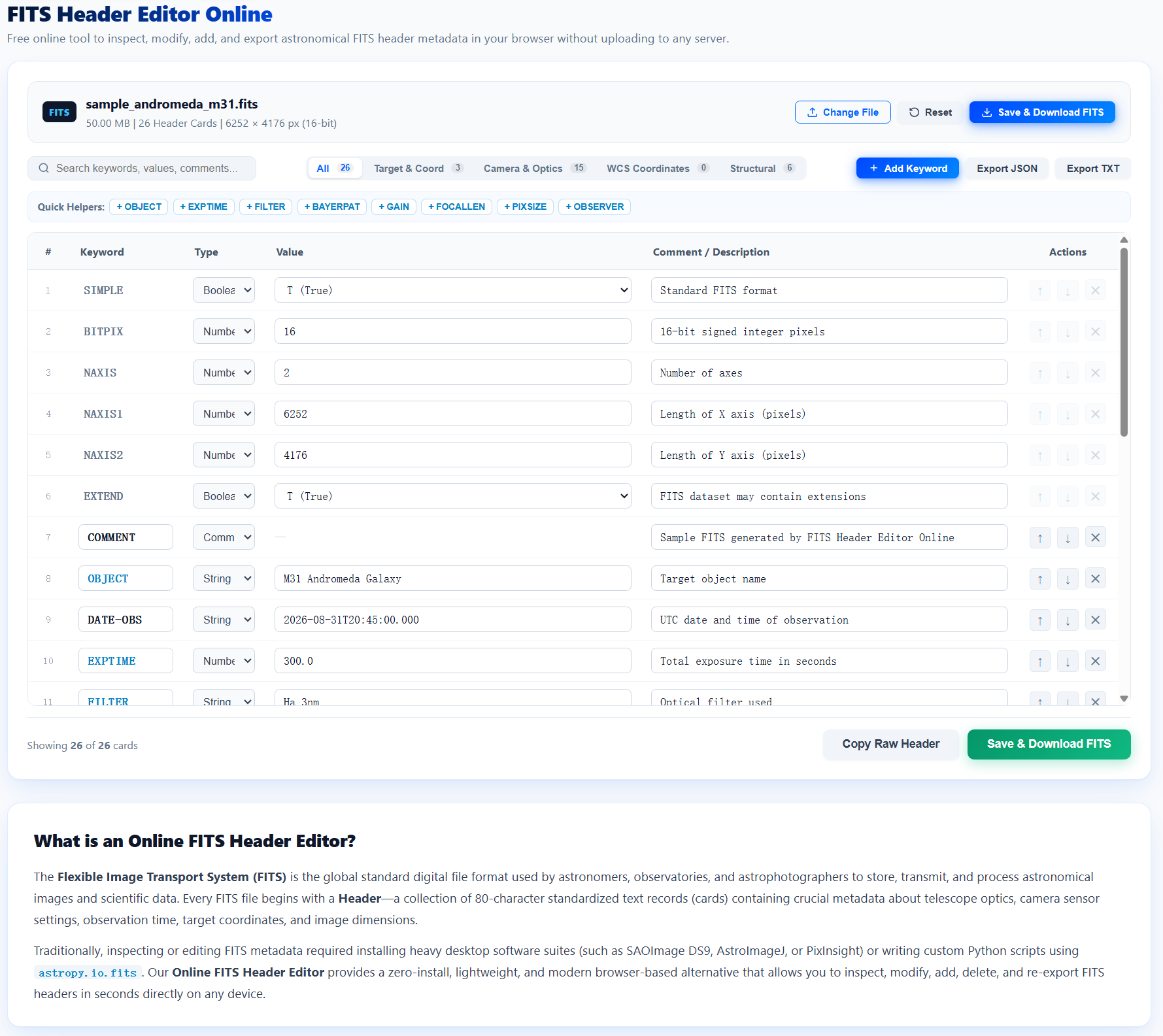 FITS Header Editor Online